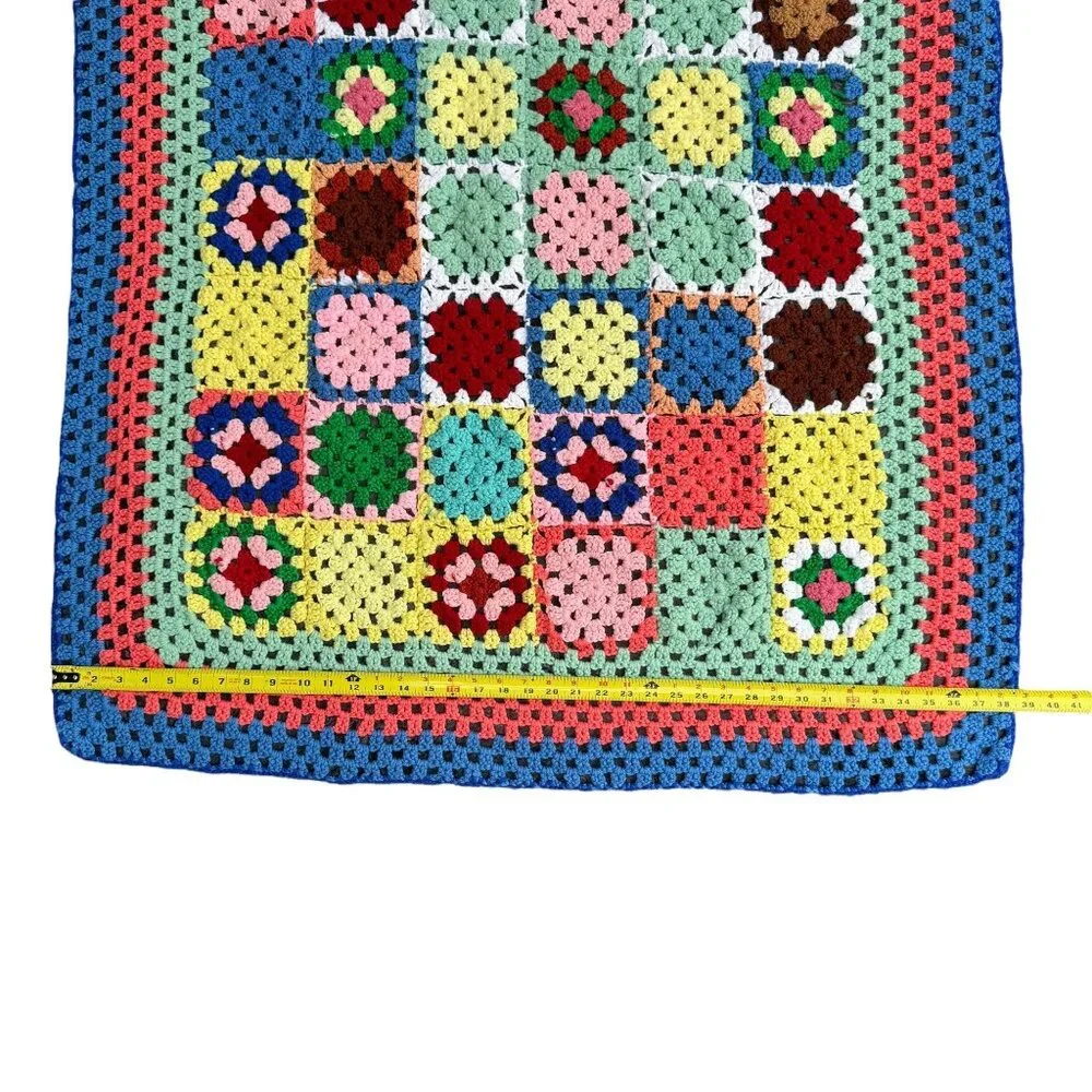 Handmade Crochet Granny Square Throw Afghan 38.5 X 49.5 inch Multi-Color Blanket